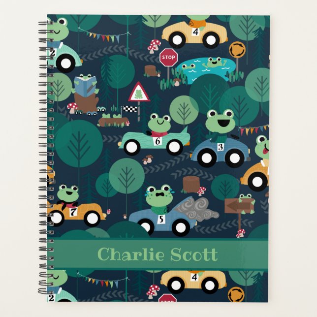 Frog Race Car Drivers Kids Personalised Planner (Front)