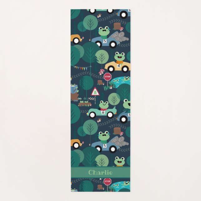 Frog Race Car Drivers Kids Personalised Yoga Mat (Front)