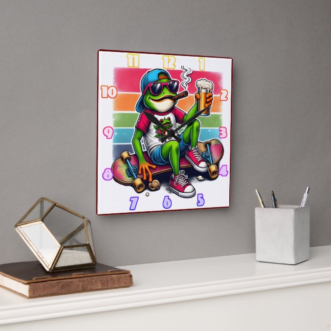 Frog ready to party with a drink on a skateboard square wall clock (Office)
