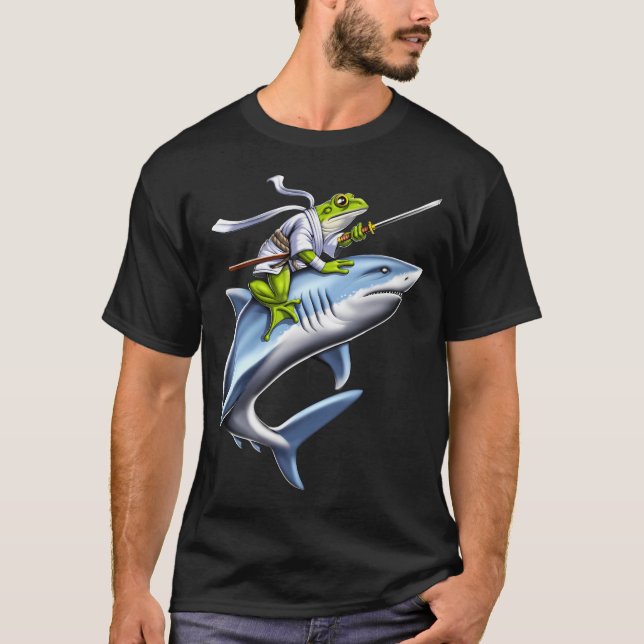 Frog Samurai Ninja Riding Shark T-Shirt (Front)