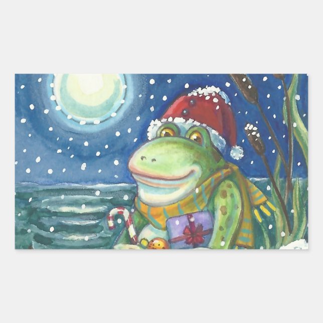 FROG SANTA ON LOG, HOLLIDAY CHRISTMAS STICKERS Rec (Front)