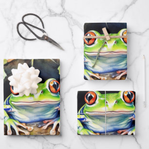 Frog Sitting on Watercolor Lily Pad Wrapping Paper Sheet