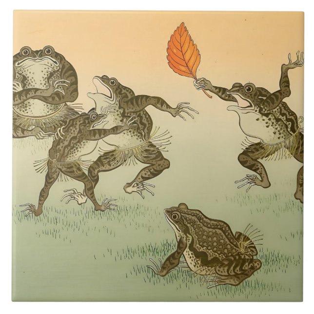 Frog Sumō Vintage Amphibians by Ohara Koson Tile (Front)