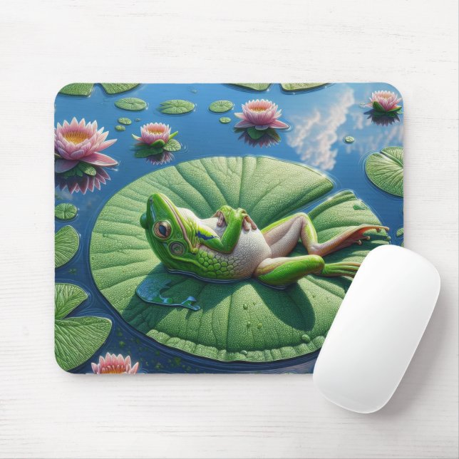 Frog Sunning On Lily Pad Leaf Mouse Mat (With Mouse)