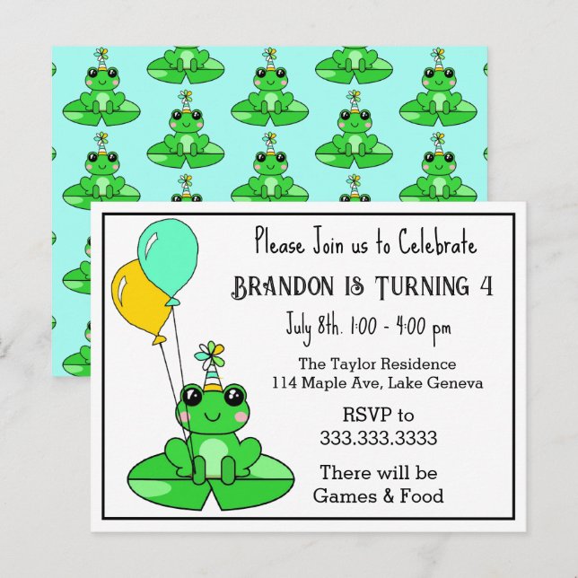 Frog Themed Birthday Invitations (Front/Back)