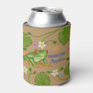 Frog Tropical Leaves Flowers Personalised Name Can Cooler
