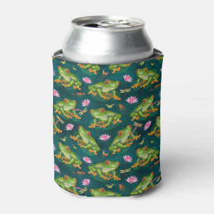 Frog Tropical Lily Pad Dragonfly Fish Pond Pattern Can Cooler