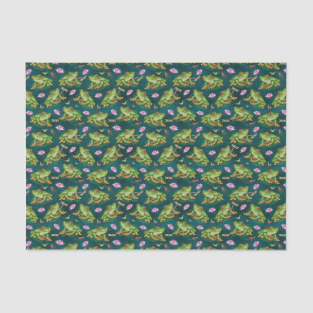 Frog Tropical Lily Pad Dragonfly Fish Pond Pattern Tissue Paper (Front)