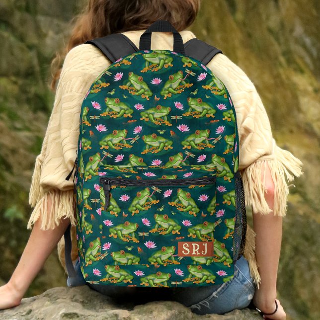Frog Tropical Lily Pad Pond Pattern Monogrammed Printed Backpack (Creator Uploaded)