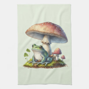 Frog Under a Mushroom Cute Nature Tea Towel