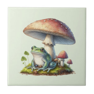 Frog Under a Mushroom Cute Nature Tile
