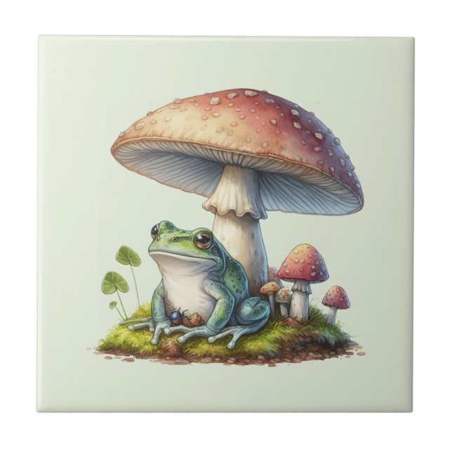 Frog Under a Mushroom Cute Nature Tile (Front)