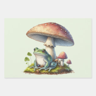 Frog Under a Mushroom Cute Nature Wrapping Paper Sheet