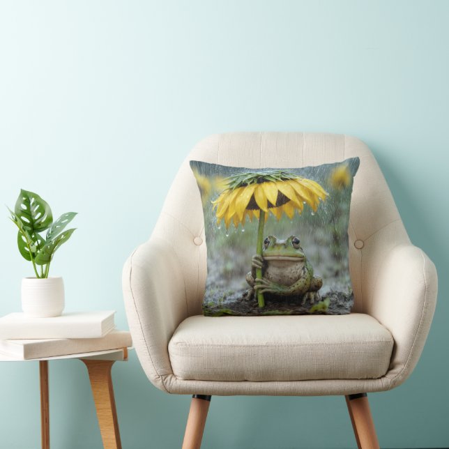 Frog Under a Sunflower Umbrella in Rain Cushion (Chair)