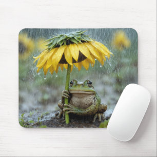 Frog Under a Sunflower Umbrella in Rain Mouse Mat