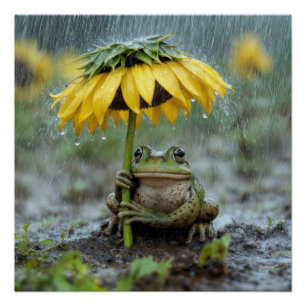 Frog Under a Sunflower Umbrella in Rain Poster