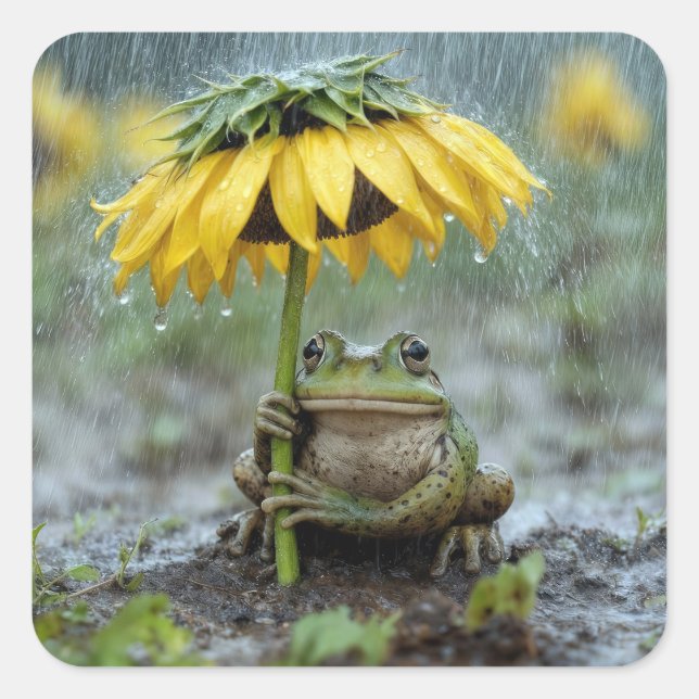 Frog Under a Sunflower Umbrella in Rain Square Sticker (Front)