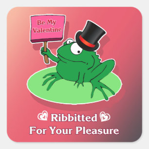 Frog Valentine in a top hat Be My Valentine Pink Square Sticker