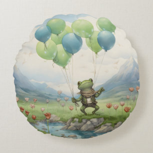 Frog Valley Balloon and Flowers Round Cushion