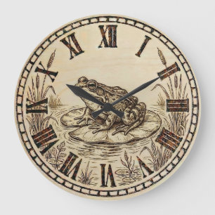 Frog Wall Clock   Wood-Burned Nature Style