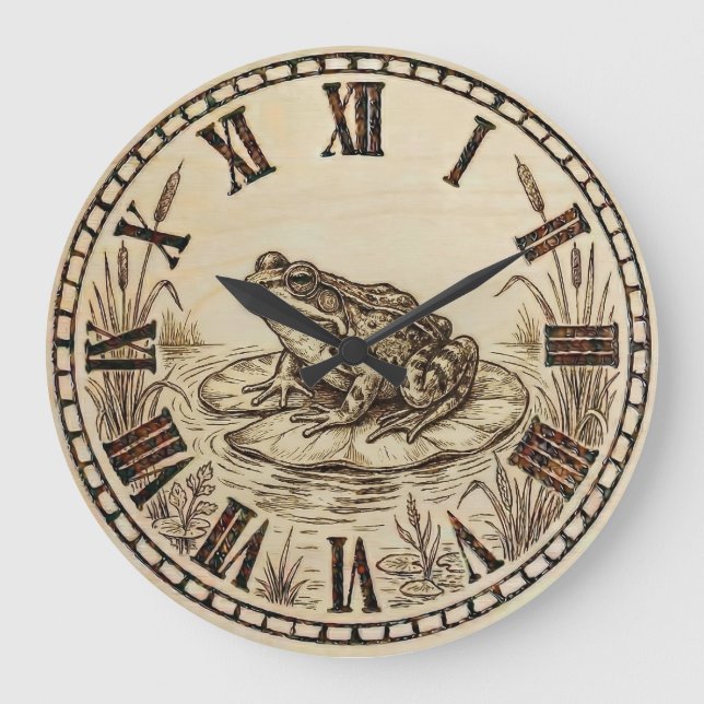 Frog Wall Clock | Wood-Burned Nature Style (Front)