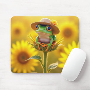 Frog Wearing a Straw Hat On a Sunflower Bud Mouse Mat