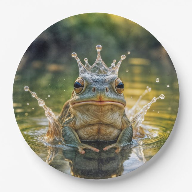 Frog Wearing a Water Splash Crown Paper Plate (Front)