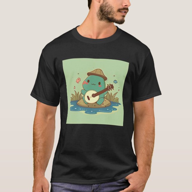 Frog wearing cute hat playing banjo in pond with b T-Shirt (Front)