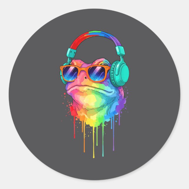 Frog Wearing Headphones And Sungles Edm Rave Desig Classic Round Sticker (Front)