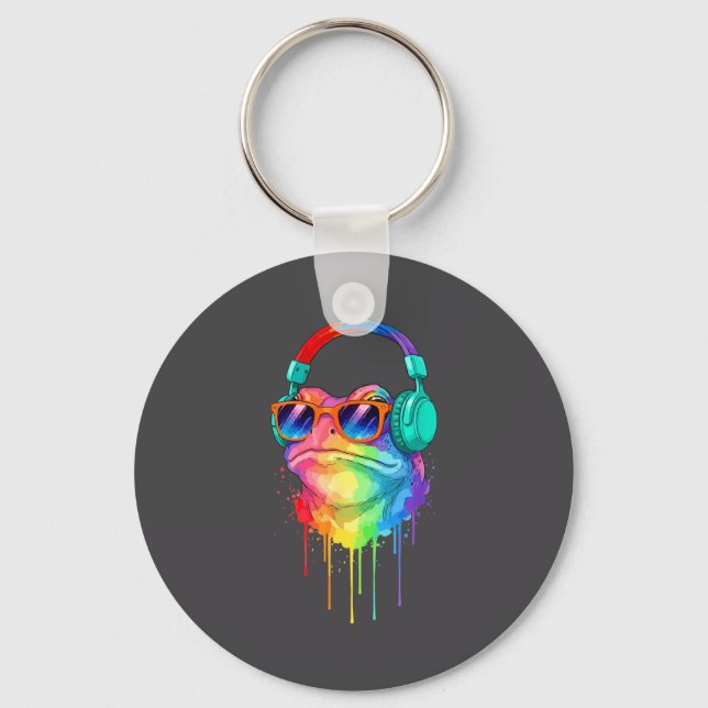 Frog Wearing Headphones And Sungles Edm Rave Desig Key Ring (Front)