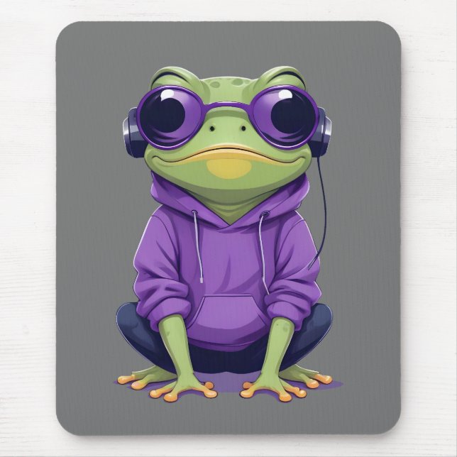 Frog Wearing Hoodie Funny Cool Animal Character  Mouse Mat (Front)
