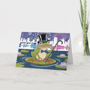 frog wearing top hat on lillypad happy new year card