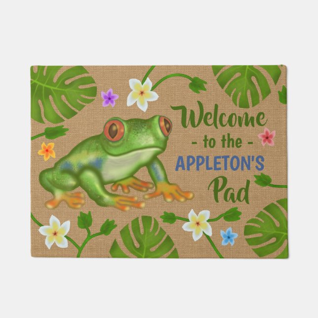 Frog Welcome to the Pad Tropical Personalised Name Doormat (Front)