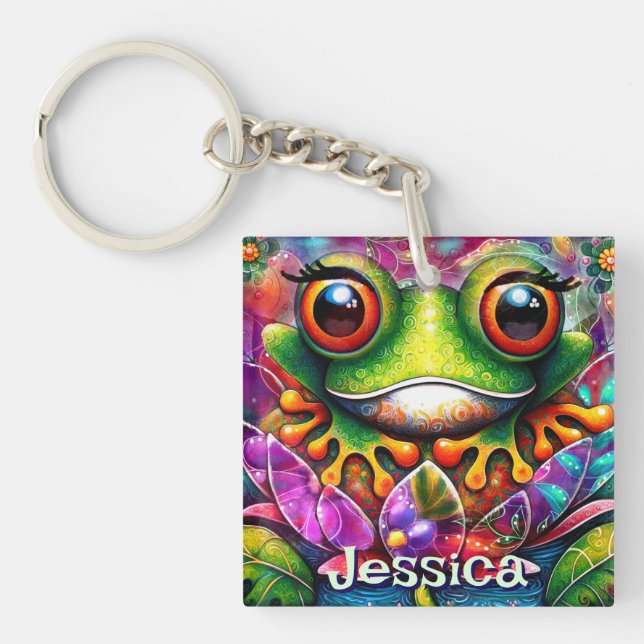 Frog Whimsical Abstract Art Floral Personalised Key Ring (Front)