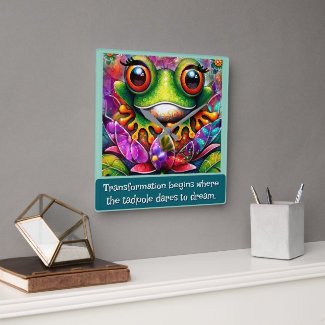 Frog Whimsical Abstract Art Floral Personalised Square Wall Clock (Office)