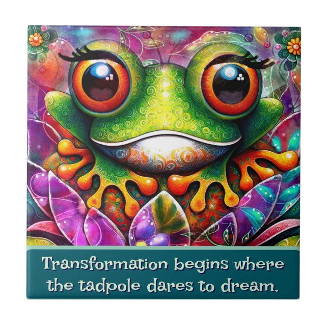 Frog Whimsical Abstract Art Floral Personalised Tile (Front)