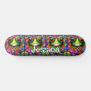 Frog Whimsical Abstract Floral Frogs Personalised Skateboard