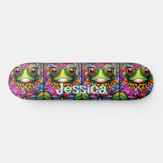 Frog Whimsical Abstract Floral Frogs Personalised Skateboard (Horz)