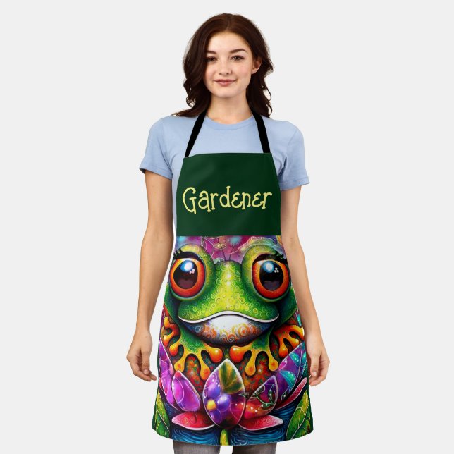 Frog Whimsical Abstract Floral Green Personalised Apron (Worn)