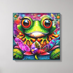 Frog Whimsical Abstract Painting Art Floral Green Canvas Print