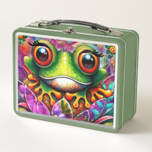 Frog Whimsical Abstract Painting Art Floral Green Metal Lunch Box