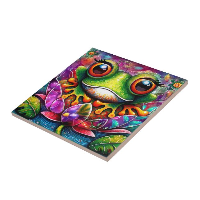 Frog Whimsical Abstract Painting Art Floral Green Tile (Side)