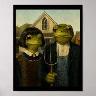 Frog With Bob Haircut Aamerican Gothic Gen Z Farm Poster