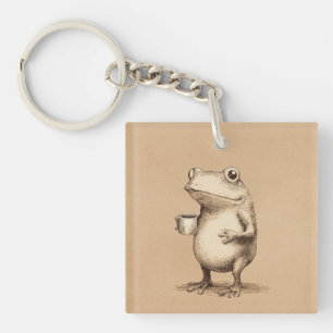 Frog with Coffee – Whimsical Vintage Animal Key Ring
