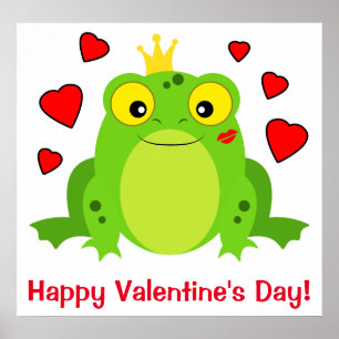 Frog with Crown and Hearts: Happy Valentine's Day! Poster