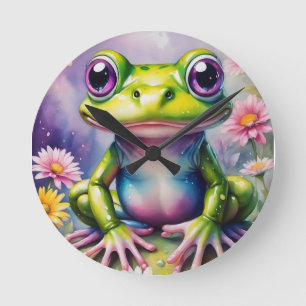 Frog With Flower Digital Art Round Clock