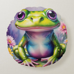 Frog With Flower Digital Art Round Cushion