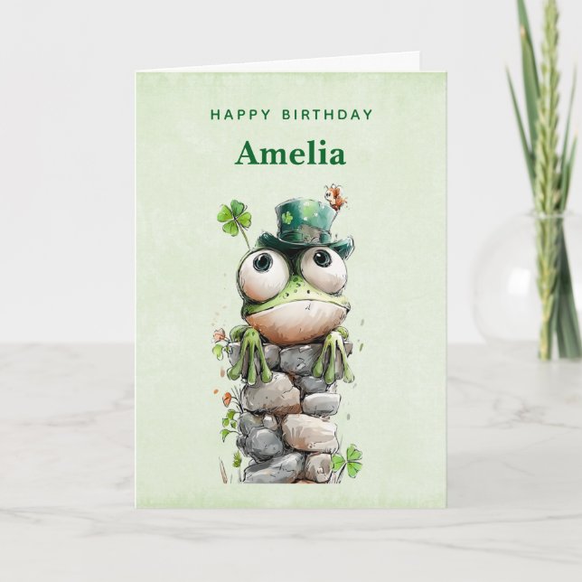 Frog with Green Hat and Shamrock Cute Birthday Card (Front)