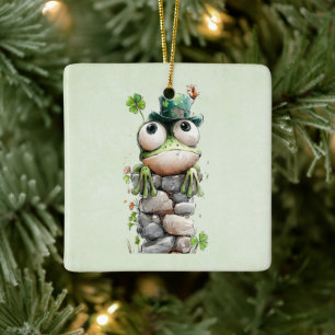Frog with Green Hat and Shamrock Cute Ceramic Ornament