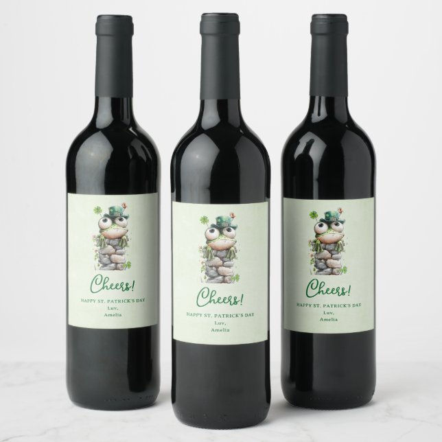 Frog with Green Hat and Shamrock Cute Cheers Wine Label (Bottles)